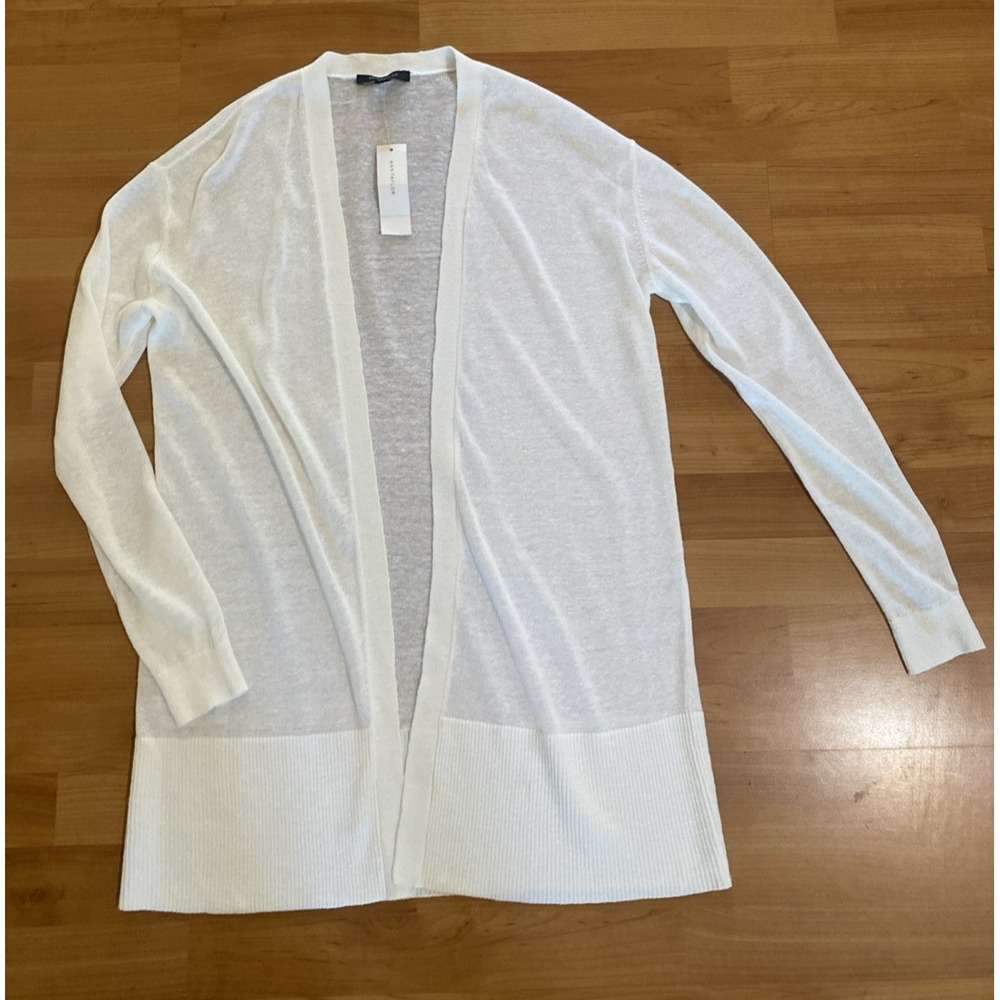 Ann Taylor White Linen Blend Open Knit Cardigan Sweater Size Small Longline NEW - Picture 5 of 10